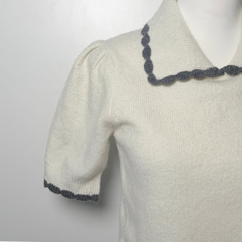 Song of Style Cream Scalloped Trim Short Sleeve Knit Sweater M Coquette Twee